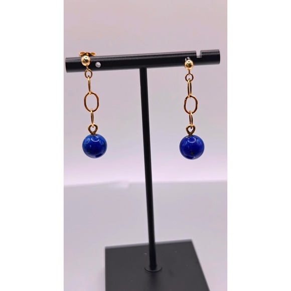 Jewelry - Lapis Lazuli Gold Tone Link Drop Earrings Blue Stone Dangle Post Backs 14k